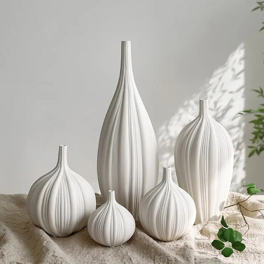 5-Piece Nordic White Ceramic Vase Set - Modern Garlic-Shaped Tall Vases for Home Decor, Living Room, Creative Desktop Accessories, Minimalist Decoration